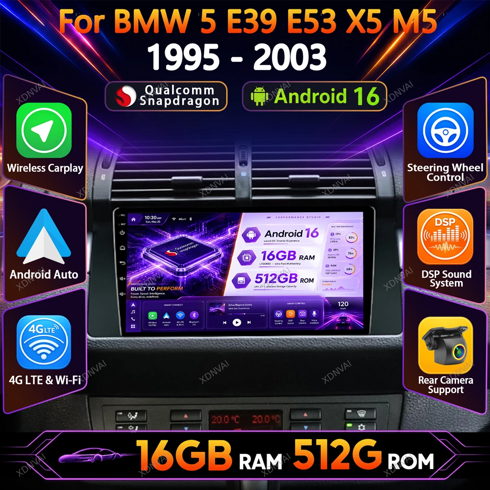Android 16  Multimedia For BMW 5 E39 1995 1996 1997- 2003 E53 X5 M5 Car Radio Video Player Navigation BT Stereo DSP 5G WIFI GPS