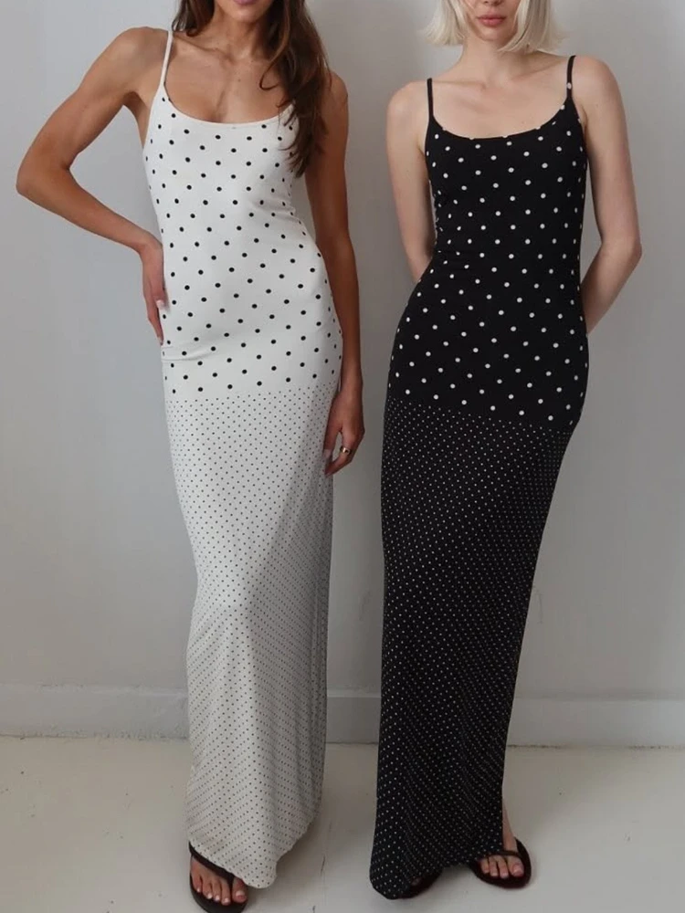Tossy مثير U الرقبة الطباعة نقطة بروتيل فستان طويل المرأة التباين أكمام عارية الذراعين سليم عالية الخصر الإناث Bodycon فستان ماكسي