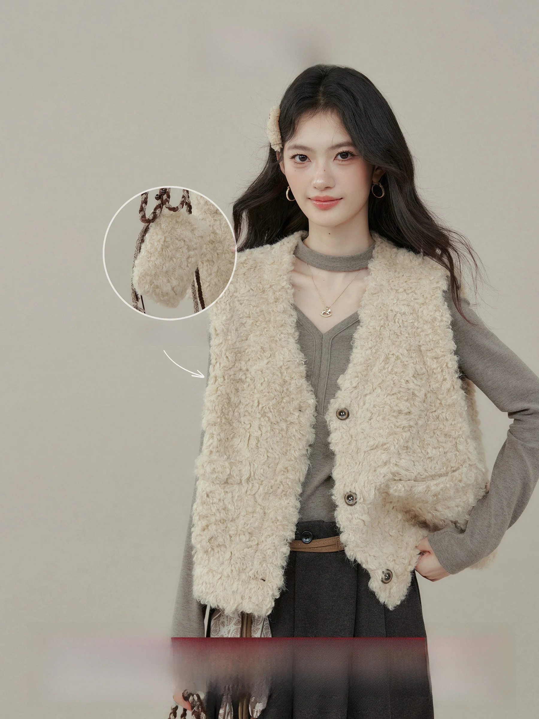 

Sanan Hui Xiang Women's Leather Fur Vest Jaet Loose Sle Autumn Winter New Arrival Inteated Design V-Ne ort Length