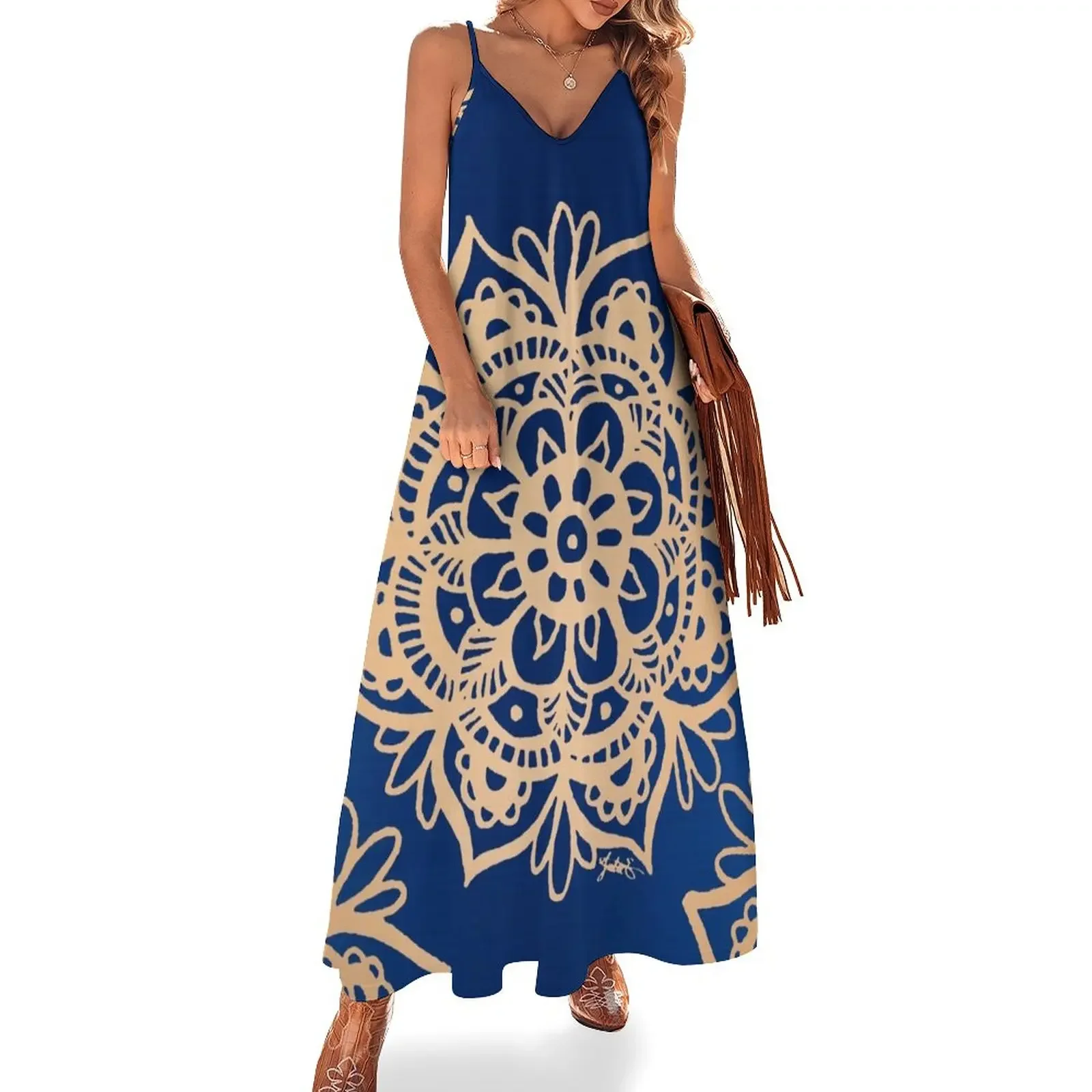 

Blue and Gold Mandala Sleeveless Dress summer woman dress 2025 elegant guest wedding dress