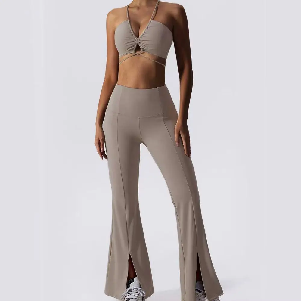 

Workout Sets for Women 2 Piece Flared High Waisth Sports Bra Top Fitness Yoga Underwear Gym Clothing Leggings Slit Hem V Neck