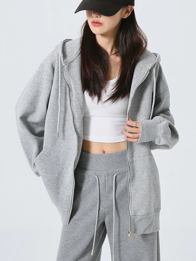 Grey Casual Loose Women's Jacket 2025 Autumn New Long-sleeved Zipper Hooded Sweater Classic Versatile Sports Coat for Woman