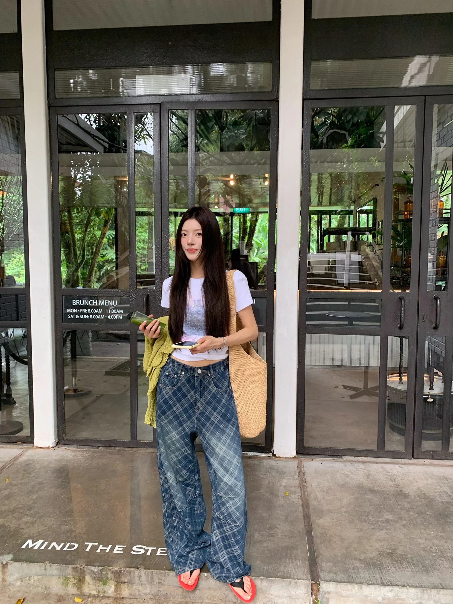 

Week Eight American Retro Plaid Street Leopard Print ket 2026 New Wide Leg Versatile Casual Denim Jeans Ladies Stand Fit