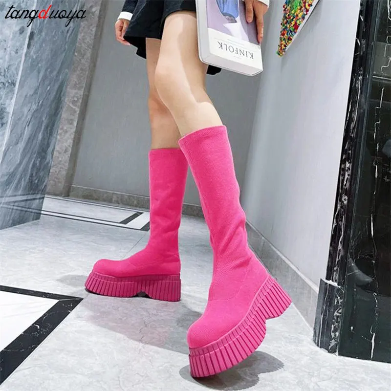 Autumn Winter Women Boots 2024 New Platform Women\'s High Rise Long Boot Comfortable Wedge Ladies Knee Boots Casual Pink Boots