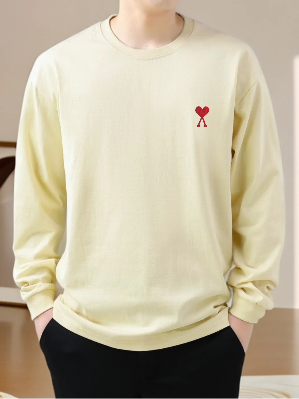 قميص رجالي أنيق مطرز بأكمام طويلة وياقة مستديرة، فضفاض وعصري للخريف والشتاء، قميص أساسي من القطن للشباب