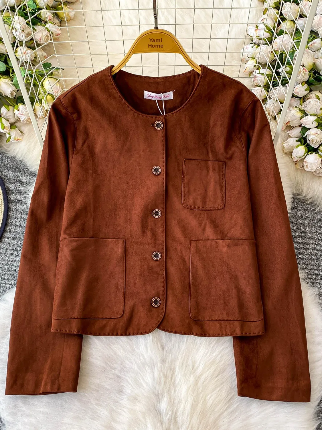 Ele Long Sve Deer Skin Velvet Coat Women's Loose Fit round Ne Button up Slimming Top Trendy Commute Sle Autumn Win...