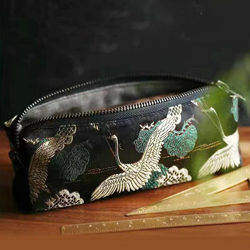 Vintage Gold Stamping Embroidery Pencil Bag Large Capacity Pencilcase Pencil Pouch Cosmetic Bag Student Stationery