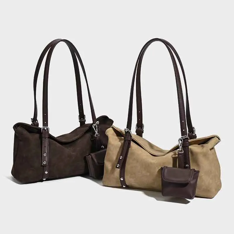 Bolsa de travesseiro de camurça retrô, bolsa de ombro e axilas de grande capacidade para deslocamento de outono e inverno, bolsa crossbody de ombro único
