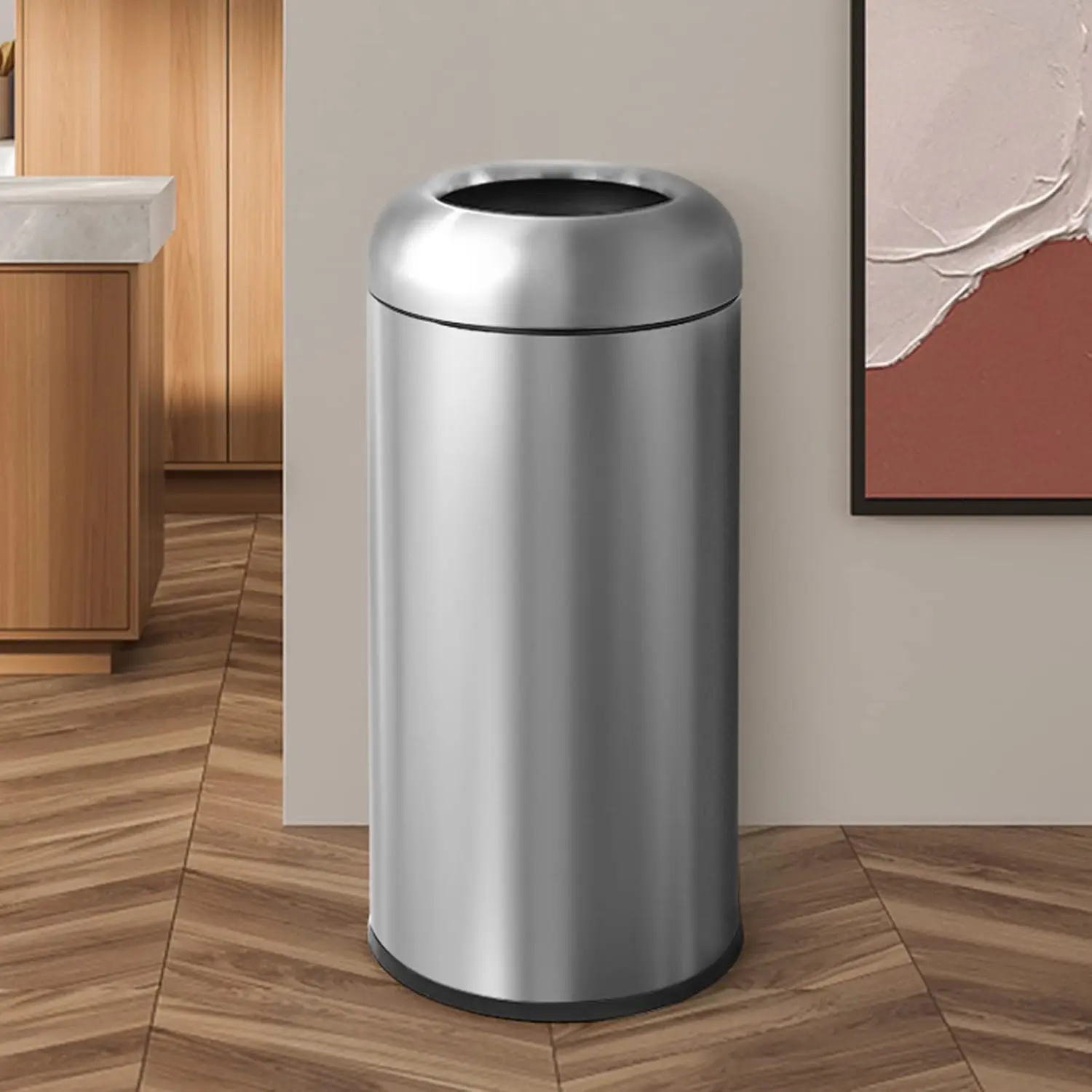 Metallic 16.5‑Gallon Open‑Top Stainless‑Steel Trash Can with Lid, Heavy‑Duty Waste Storage Bin for Kitchen, Restaurant, Office and Commercial Workspace