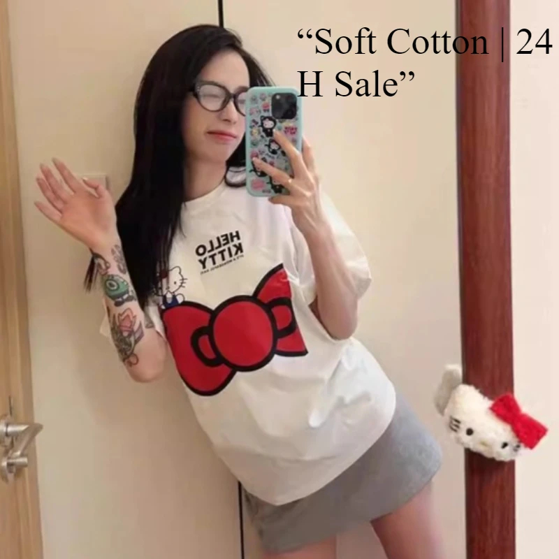 

Summer new Hello Kitty bow short-sleeved loungewear women's white cotton breathable casual top, cute cartoon Hello Kitty
