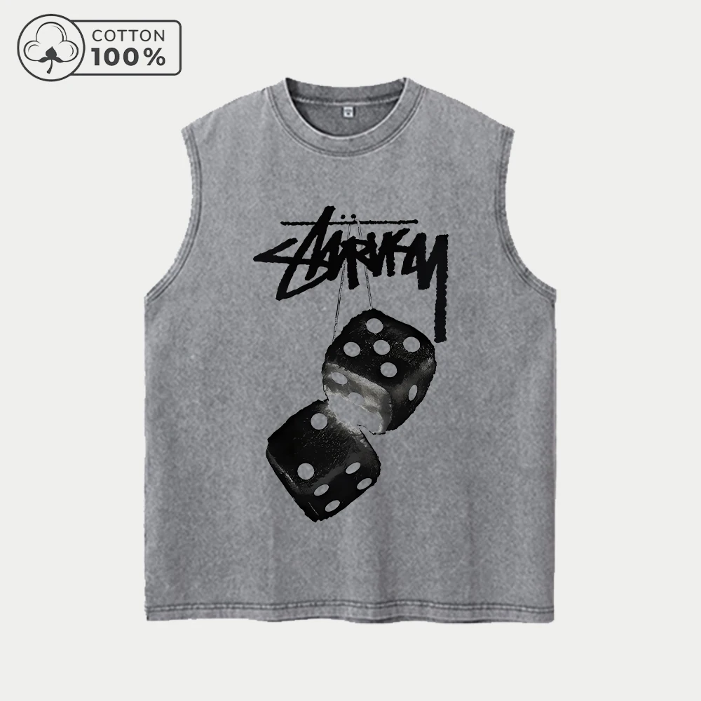 Fitness Washed Vest Fashionable Dice Print Retro Casual Pure Cotton Sleeveless Vest Summer Commuting Running Training Top view 3