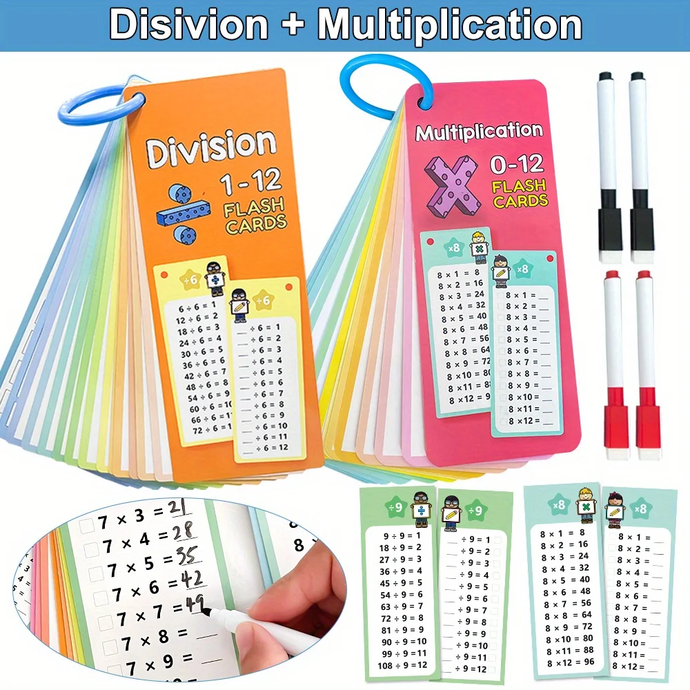 30 Cards 0-12 Multiplication Division Flash Cards with Dry Erase Markers Educational Times Table Learning Math Games Chart