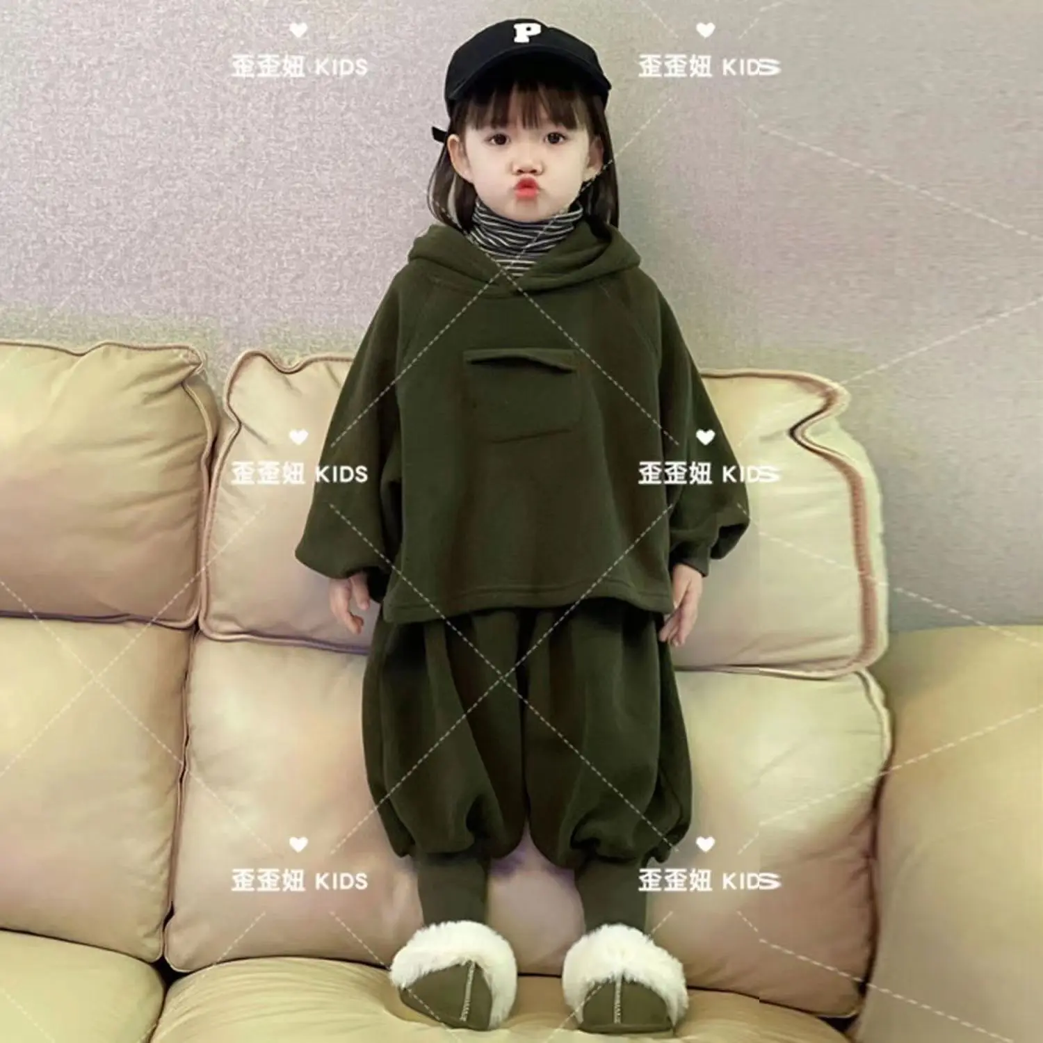 Boys and Girls Universal Suit Autumn and Winter Korean Lazy Wind Hooded Solid Color Sweater Sweatpants