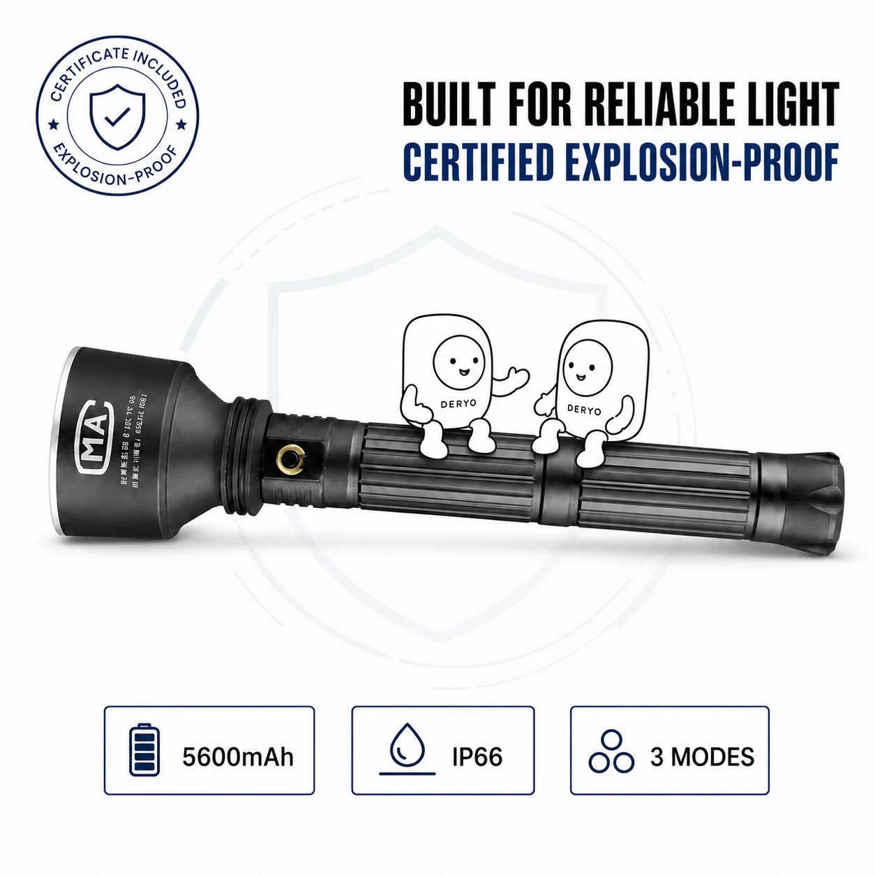 5600mAh Rechargeable Explosion-Proof Flashlight High-Power LED Torch 3 Modes IP66 Waterproof for Industrial Worksite Emergency