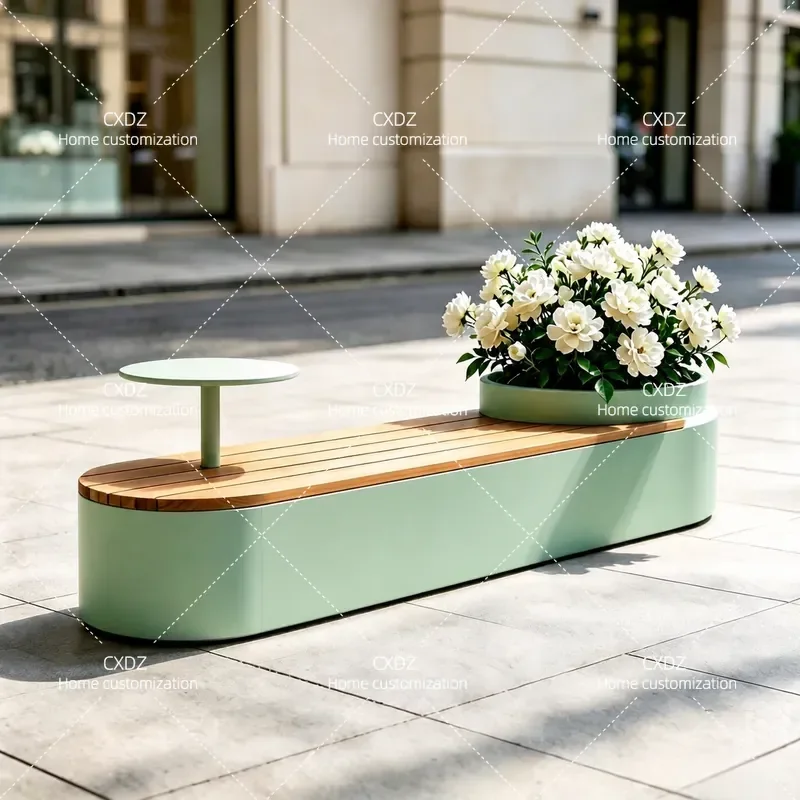 Stainless Steel Galvanized Wrought Iron Rounded Corner Integrated Flower Box Bench Outdoor Shop Seating with Small Round