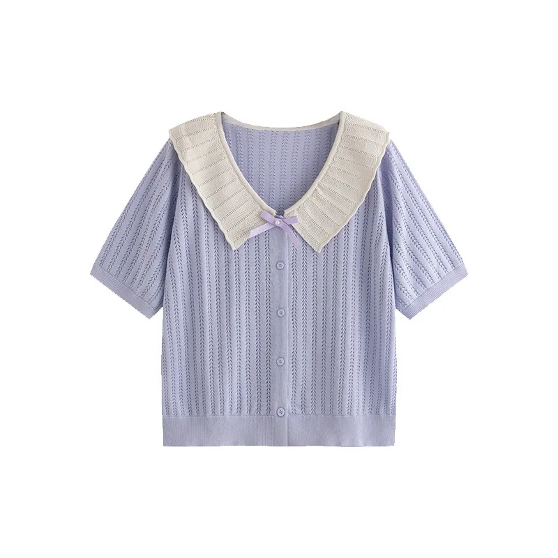 Knitted Top Spiricle Button Shirt Bow Short Sleeved T-shirt Elegant Solid Color Female Clothing Plus Size Loose Fit Tee Summer