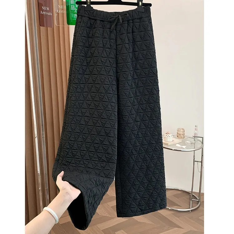 بنطلون نسائي شتوي كاجوال دافئ فضفاض كبير الحجم واسع الساق من القطن خفيف الوزن بنمط ماسي مستقيم القطع #3