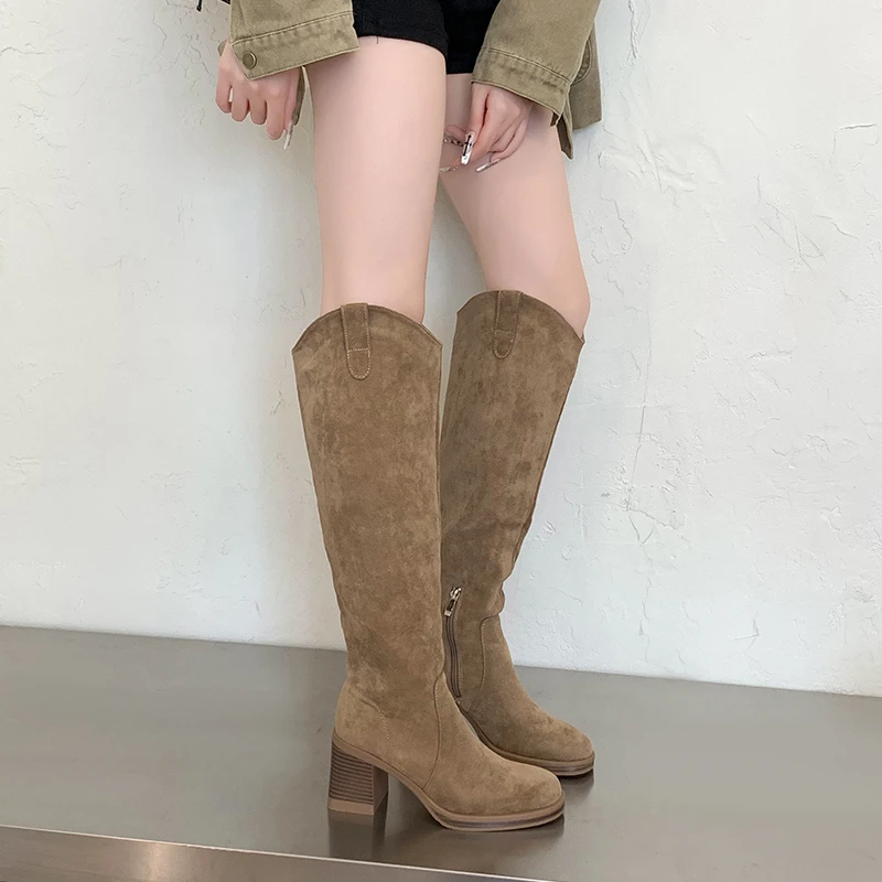 Women Knee High Boots Faux Suede Side Zipper Chunky Block Heel Round Toe Autumn Winter Lady Tall Boots Casual Street Boots Shoes - view 5
