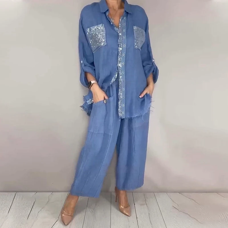 Casual Loose Matching Outfit Women 2 Piece Set New Lapel Collar Roll‑Up Long Sleeve Sequin Patch Pocket Shirt Wide Leg Pant Suit
