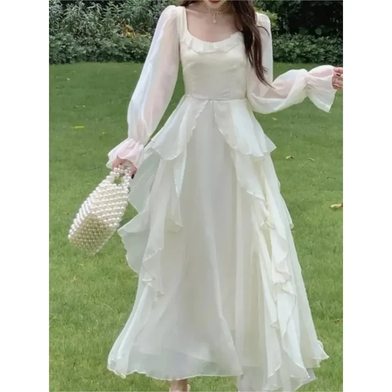 

New Vintage Fairy Chiffon Long Dress Women White Elegant French Party Midi Dress Puff Sleeve Casual Women's Clothing