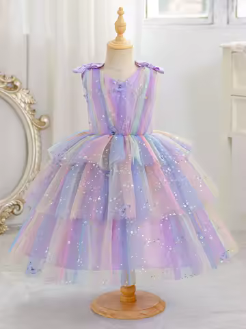 Young Girl Rainbow Light Purple Sequin Fluffy Gauze Cake Dress Evening Dress Bow Decoration Small V-Neck Dress