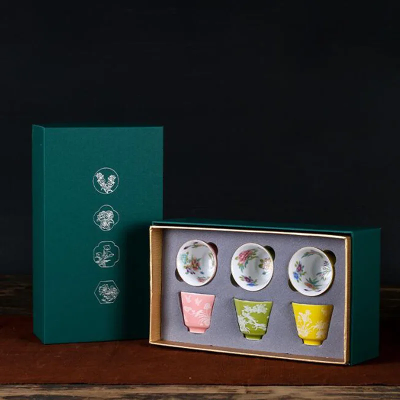 

Gift Box Package Porcelain Kungfu Tea Cup Hat Master Cup Tea Bowl Floral Glazed Teacups Ceramic Crafts Art Kitchen Teaware