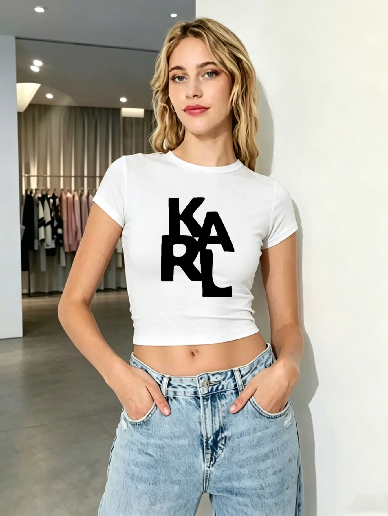 Camiseta de manga corta con cuello redondo y estampado de letras KARL para mujer, color magenta/blanco/negro, regalo para novia/esposa