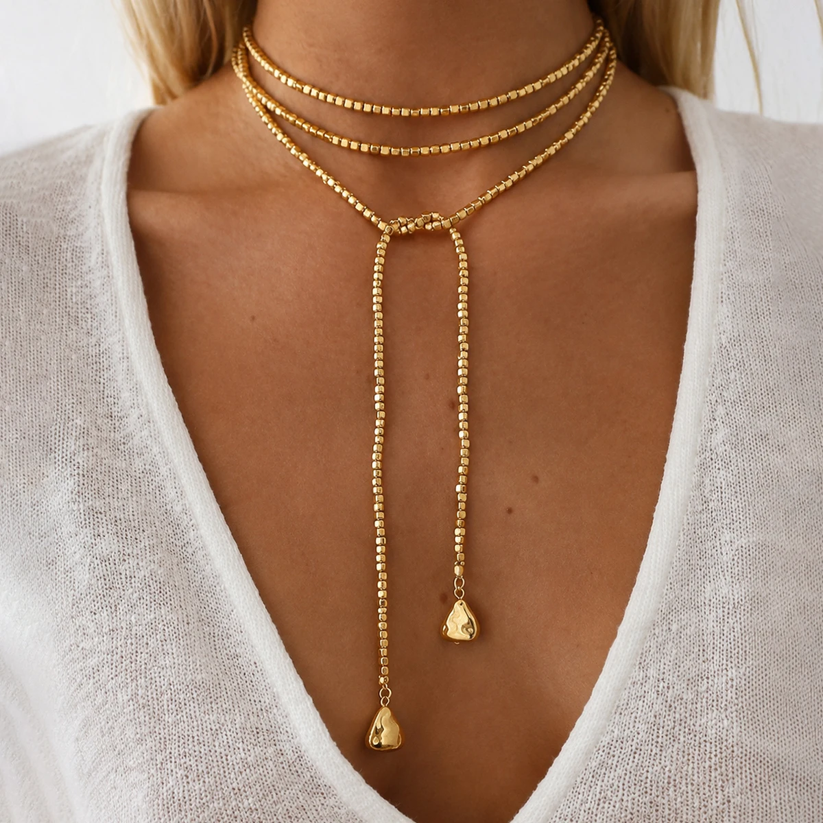 Tocona Simple CCB Square Bead Neck Chain Geometric Triangle Pendant Long Y Necklace for Women's Daily Jewelry Gifts