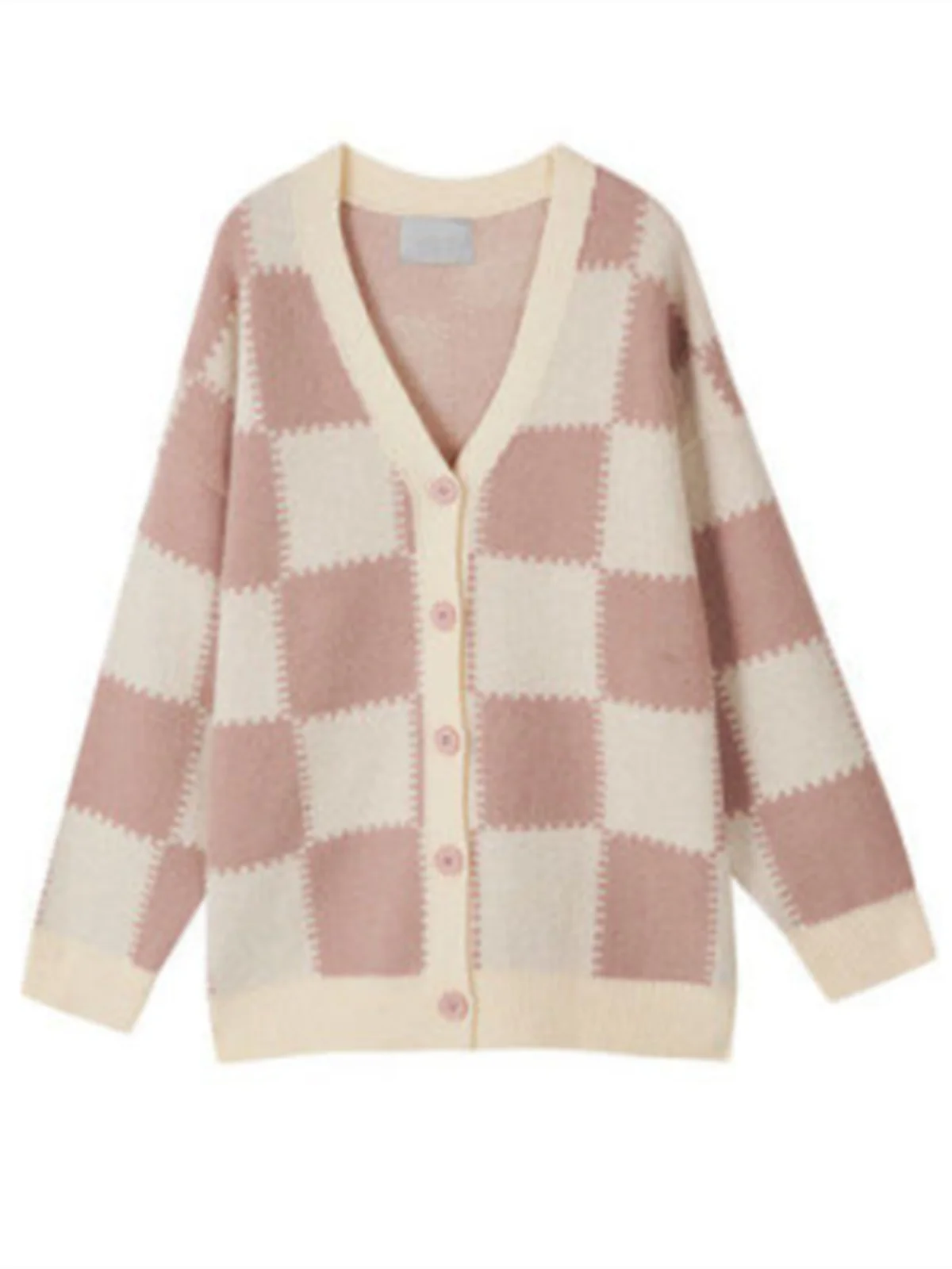 Slimming Autumn Winter V-ne Knitwear Casual Long Sve Chboard Pattern Small Fraance Sle Loose Open Cardigan Sweater