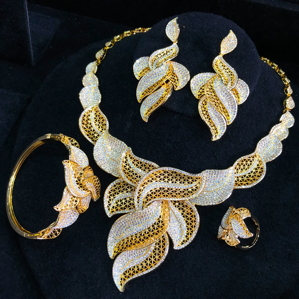 

GODKI Luxury Feather Leaf Nigerian Choker Jewelry sets For Women Wedding Cubic Zircon CZ Dubai Gold Bridal Jewelry Set 2022