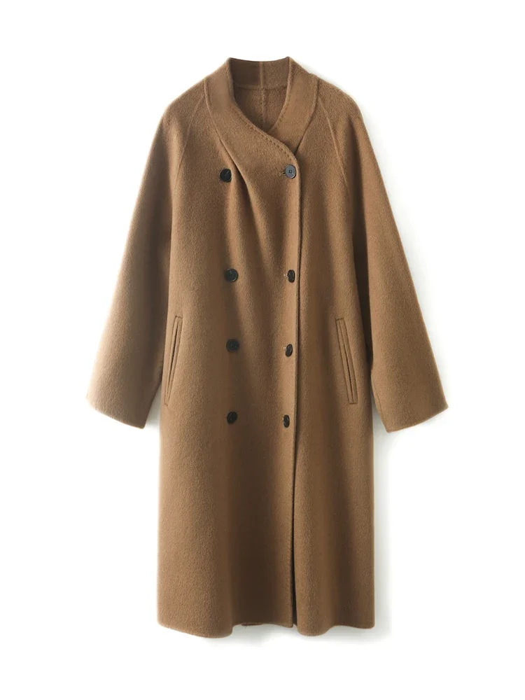 

35% Camel Coat Autumn and Winter Thickening Handmade Double-Sided Woolen Wool Coat Stand Collar Fashion Women's Wear