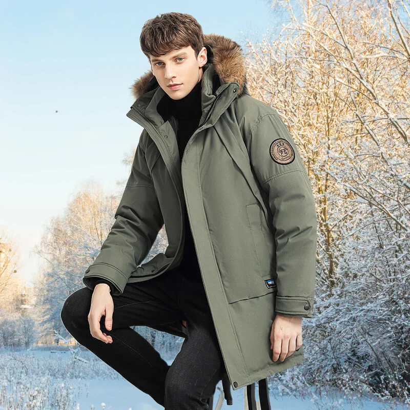 Men's down jacket, white duck down filling, mid-length fur collar thick warm parka, autumn and winter casual coat