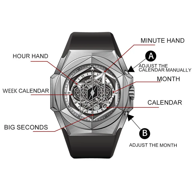 Reef Tiger/RT Black Shark Series relojes deportivos para hombres, reloj mecánico automático multifunción hexagonal de acero, resistente al agua