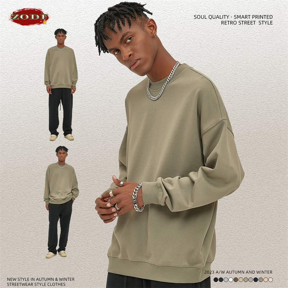 ZODF 2023 Autumn Winter 400gsm 100% Cotton Sweatshirts For Men Unisex Oversized Terry O-Neck Solid Pullovers Streetwears HY0659