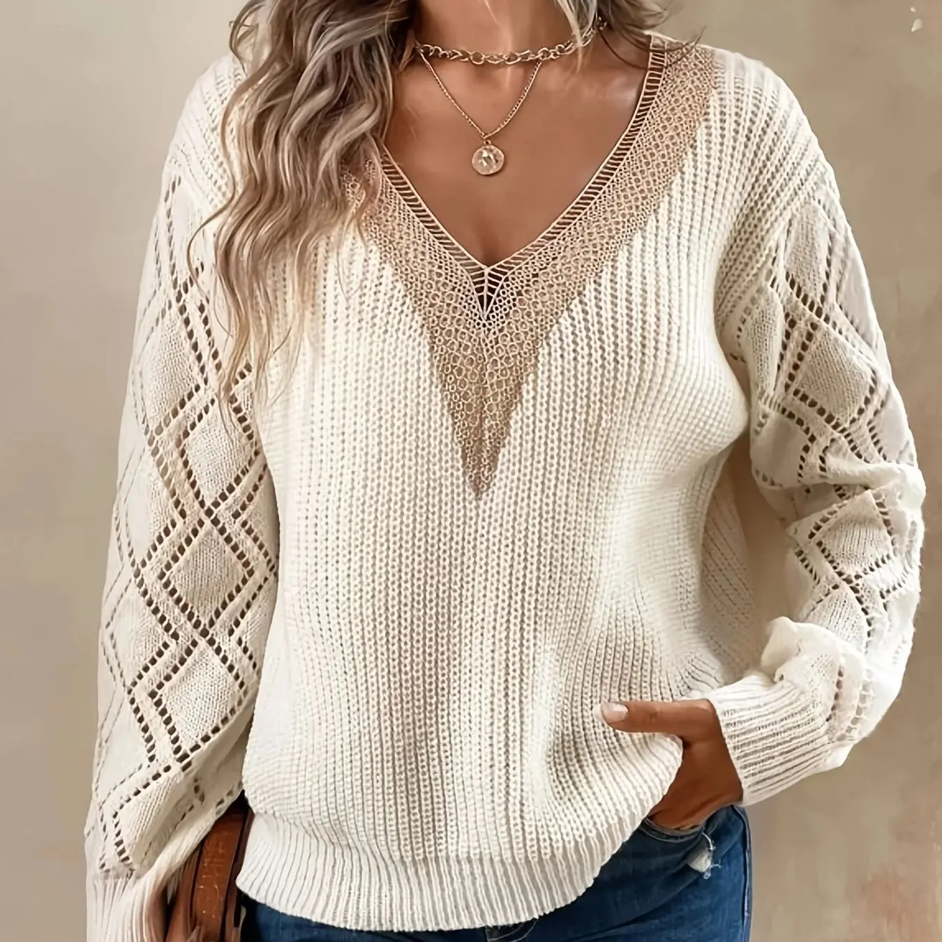 Solid V Neck Knitted Sweater, Hollow Out Long Sleeve Casual Sweater For Fall  Winter Women\'s Clothing