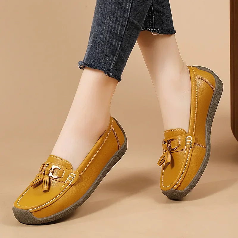 

2024 Spring Autumn New Bean Shoes Women's Cow Genuine Leather Shoes Non slip Leather Shallow Mouth Four Seasons Single Shoes