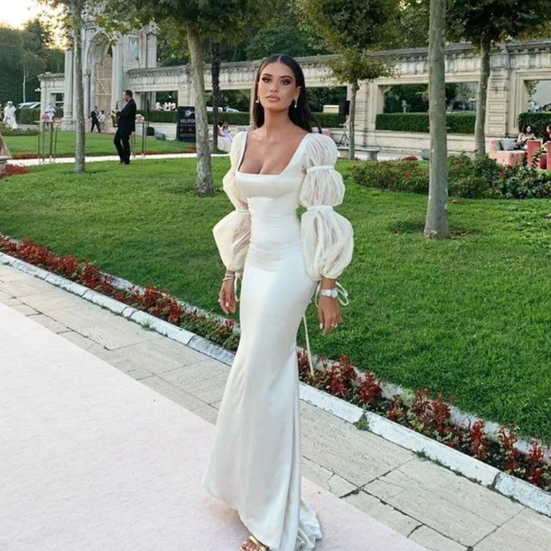 SoDigne Ivory Mermaid Long Puff Sleeves Evening Dresses Square Neck Simple Satin Formal Prom Dress For Women Party Gowns