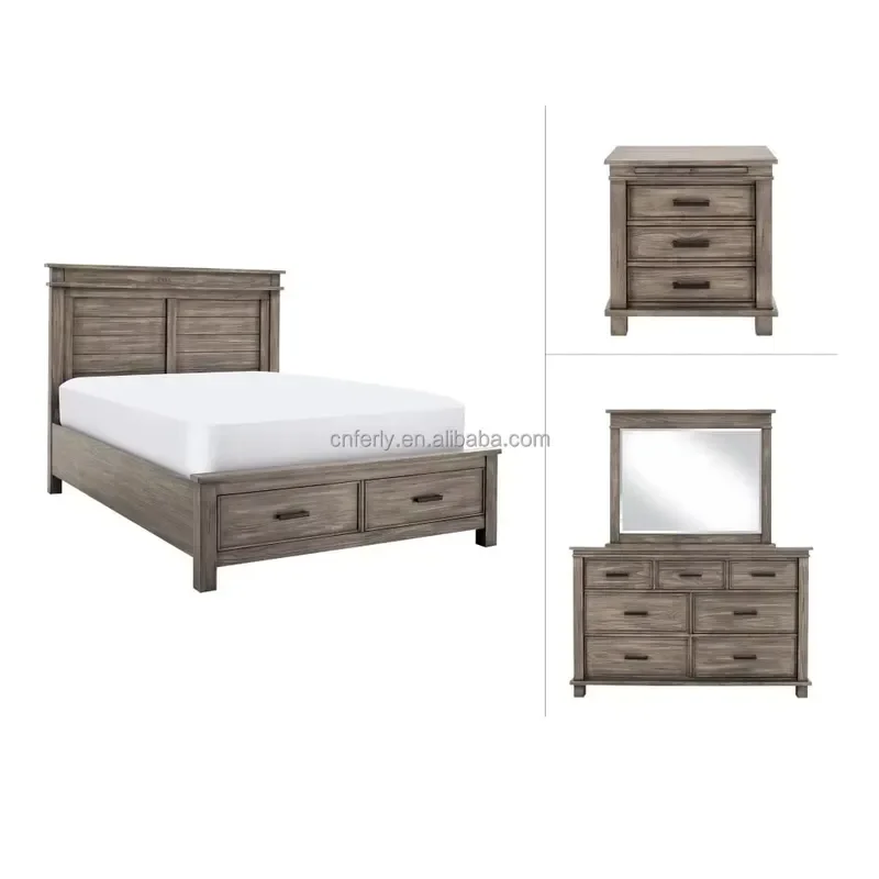 Modern Platform Storage Bed Frame American Style Bedroom Furniture Set 4 Piece Deluxe Solid Wood Nightstand Dresser Home