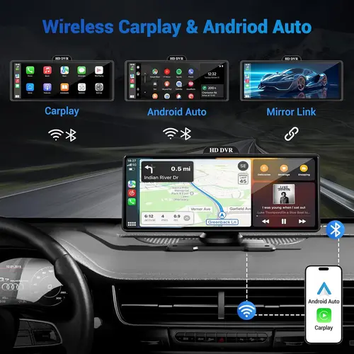 Imagen 2 del producto 10/11,26 pulgadas 4K DVR inalámbrico CarPlay y Android Auto Dash Cam Bluetooth Audio GPS navegación tablero grabadora de vídeo de doble lente