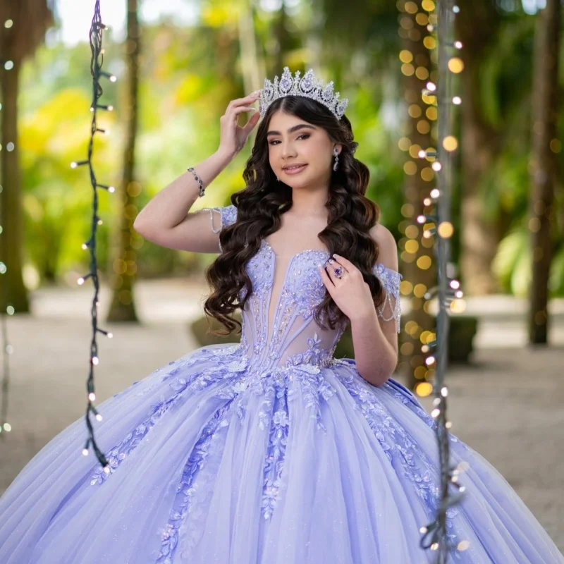 

Lavender Quinceanera Dresses Off the Shoulder Sequins Flower Decal Long tail Bow Vestido De 15 Quinceanera Customize