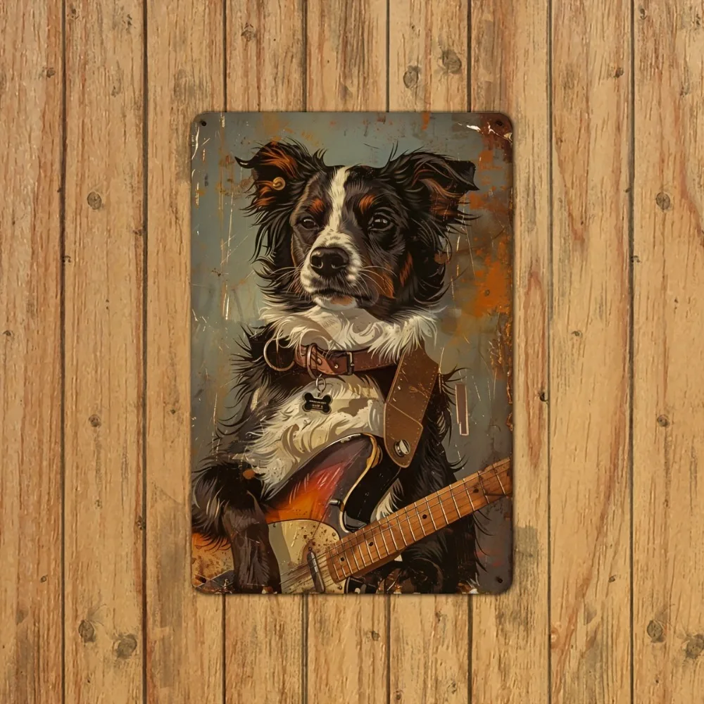 Aluminum Metal Sign, Vintage Border Collie Dog Playing Guitar Print Plaque for Music Lovers & Rustic Home Wall Art Decor