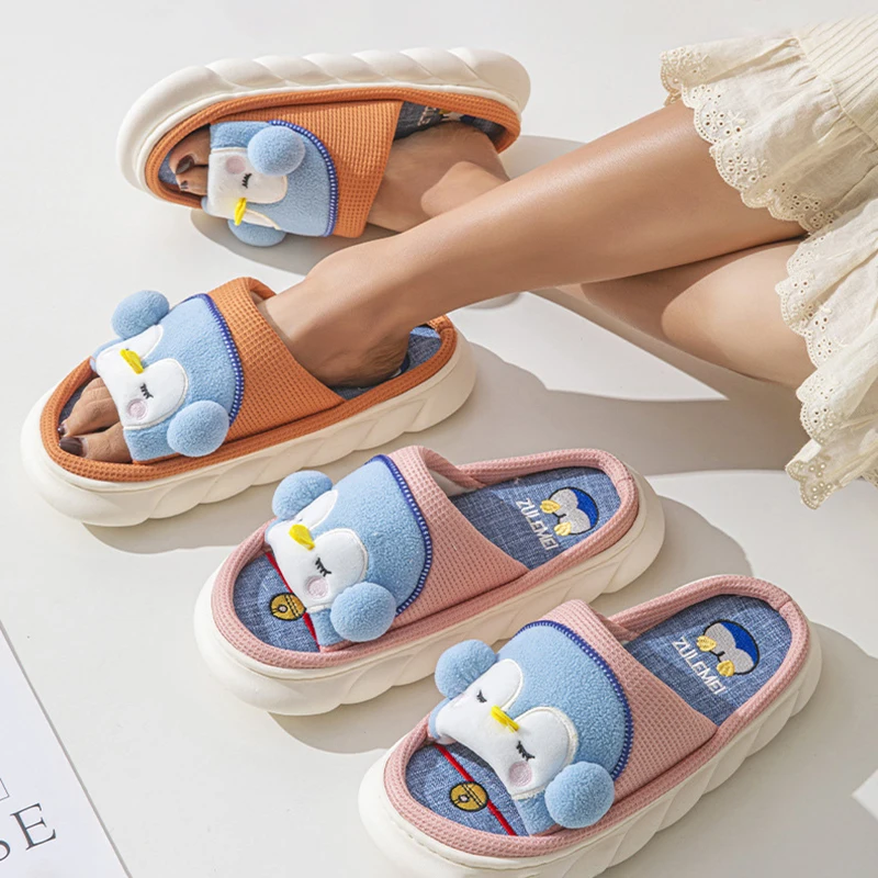 

Linen Casual Platform Slippers Women Home Cartoon Penguin Cute Designer Shoes Girls 2024 Fashion House Slipper Flats Large Size