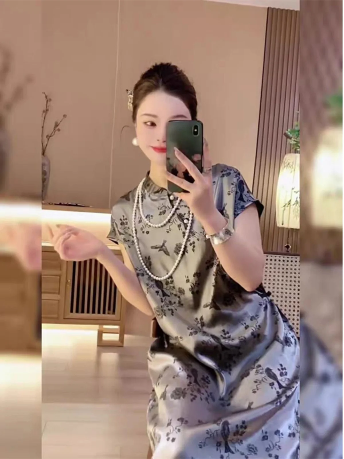 Ele verano ort Sve Dr mujer cintura alta estampado nuevo chino Sle Retro alta gama bandera bata falda