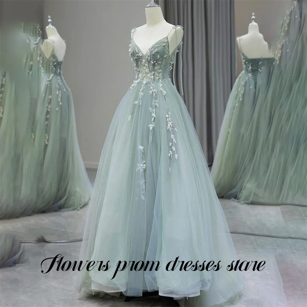 

Flowers Mint Green 프롬 드레 Spaghetti Strap Sleeveless Prom Gown Lace Up Back Party Dress for Formal Event A Line Customized