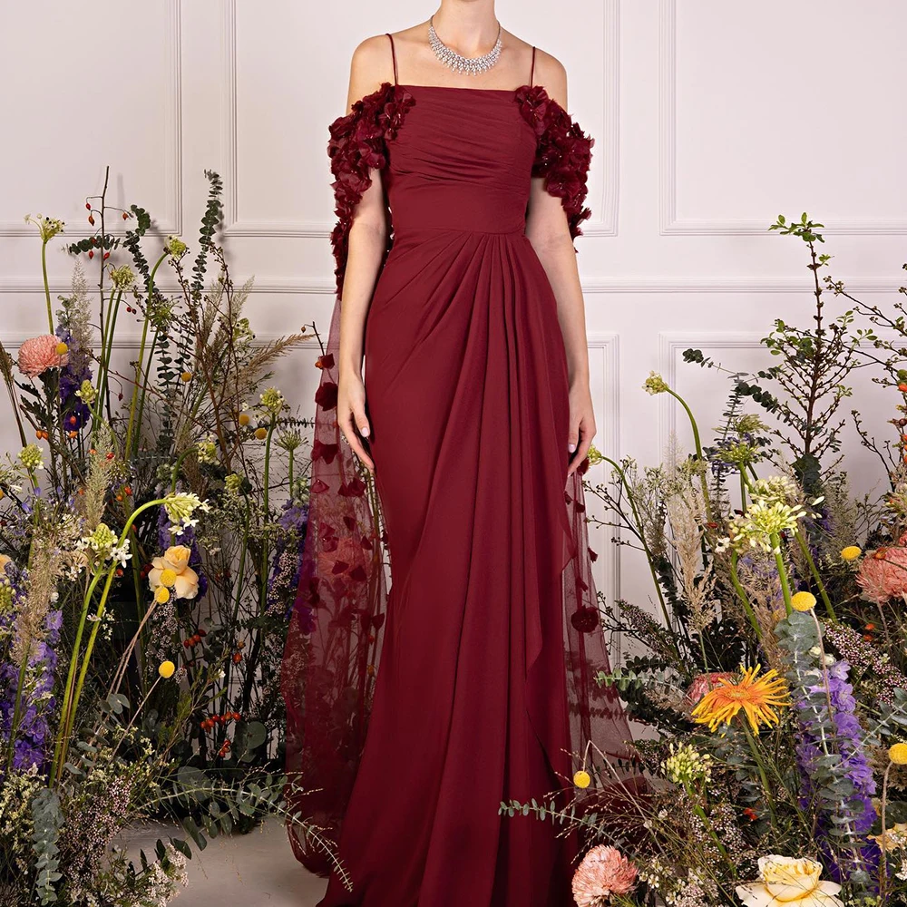 

Graceful Pleats Flowers Panel Train Square Neck Spaghetti Straps Evening Dresses Temperament Mermaid Jersey Burgundy Party Gowns