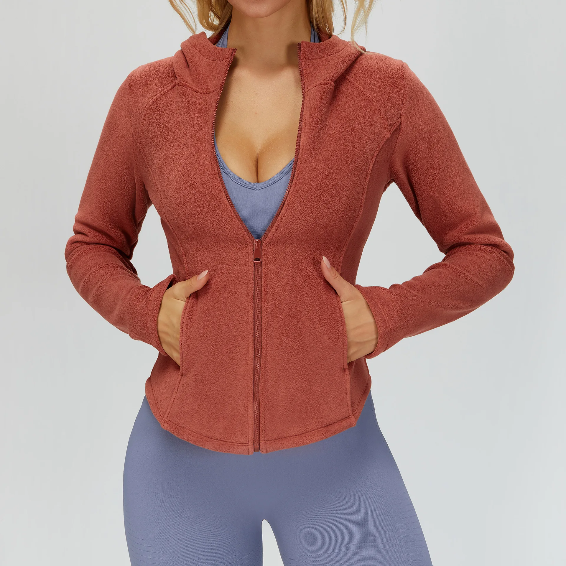 Hooded Jacket with Plush Slim fit Pocket Zipper Jacket Casual Sports Warm Jacket Women's Yoga Clothes Long Sleeve Sport Jacke