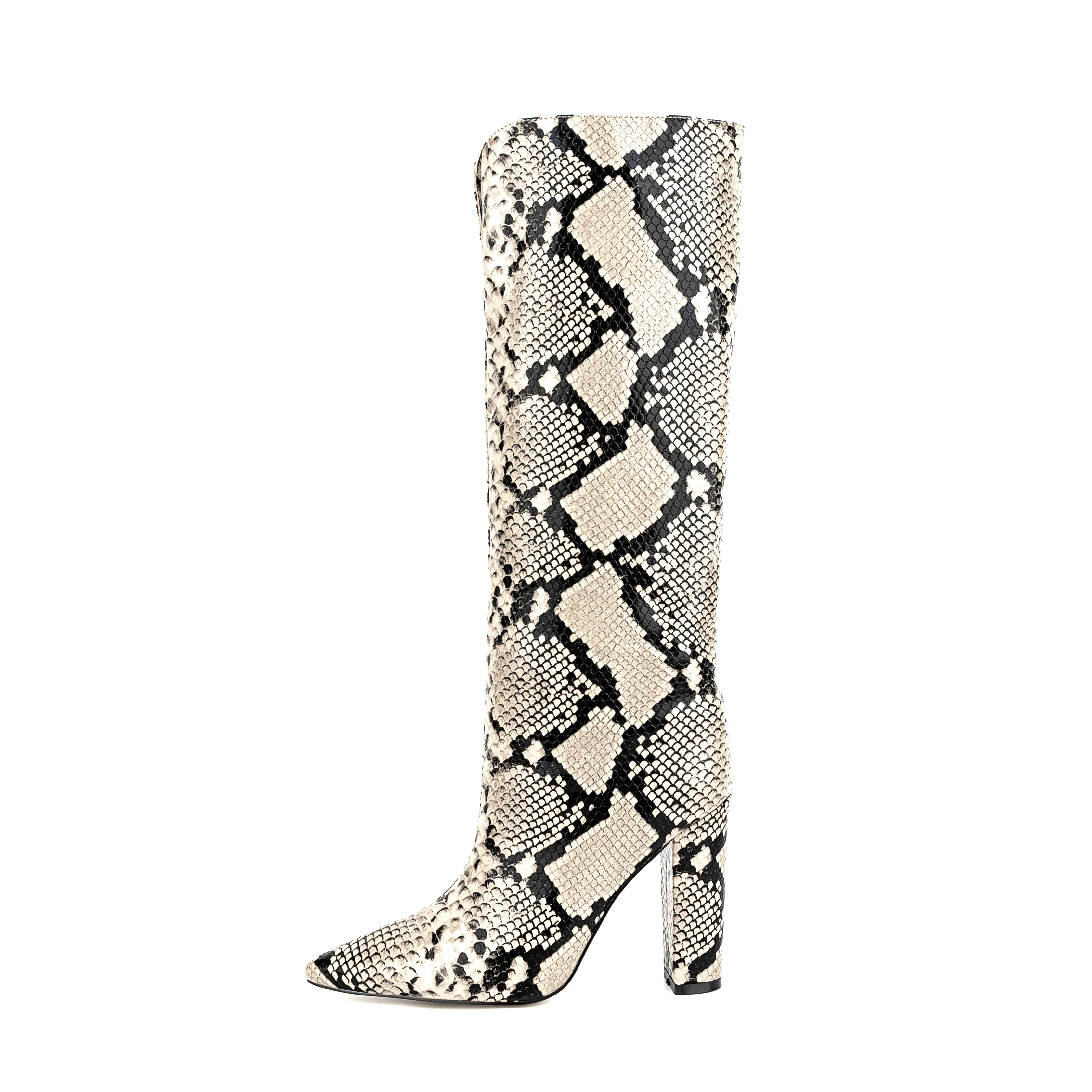 

Arden Furtado 2024 Winter Snake pattern Pointed toe Super high heel Modern boots V-mouth Patchwork Square heel Knee high boots