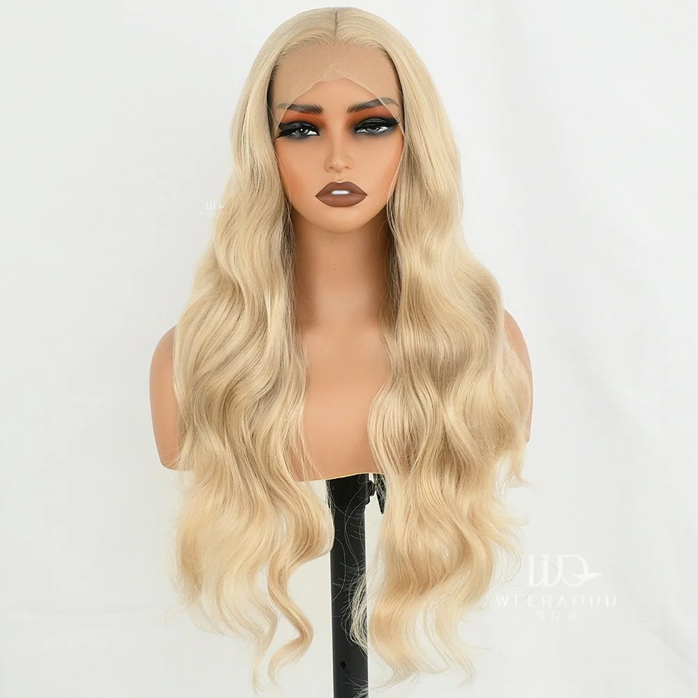 28 Inch Body Wave Mixed Blonde Lace Front Wig 13x4 Lace Frontal Glueless Heat Resistant Synthetic Honey Blonde Highlights Wig