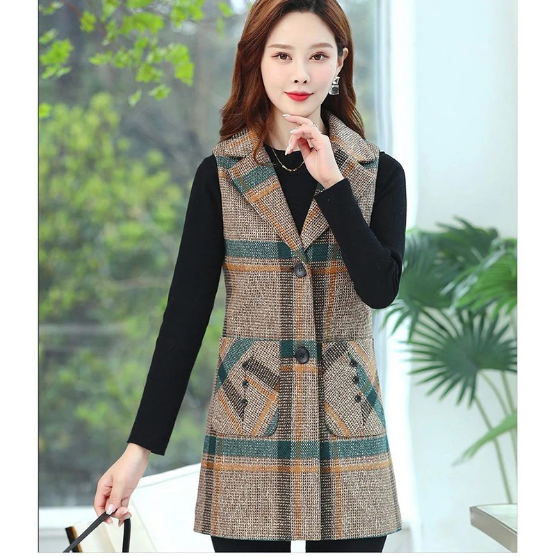 Vintage Printed Button Pockets Plaid Vests Jackets Women Clothing 2024 Autumn Winter New Loose Office Lady Tops All-match Coats