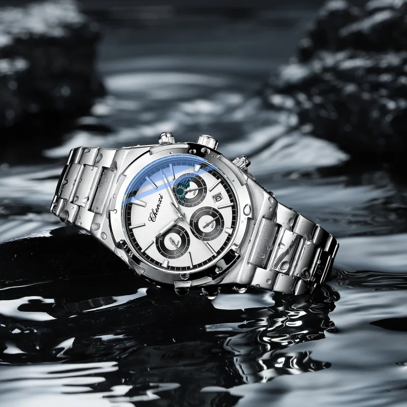 CHENXI 956 แฟชั่นผู้ชายนาฬิกาควอตซ์สายสแตนเลสกันน้ํา Luminous Chronograph กีฬาสามตานาฬิกาสําหรับชาย